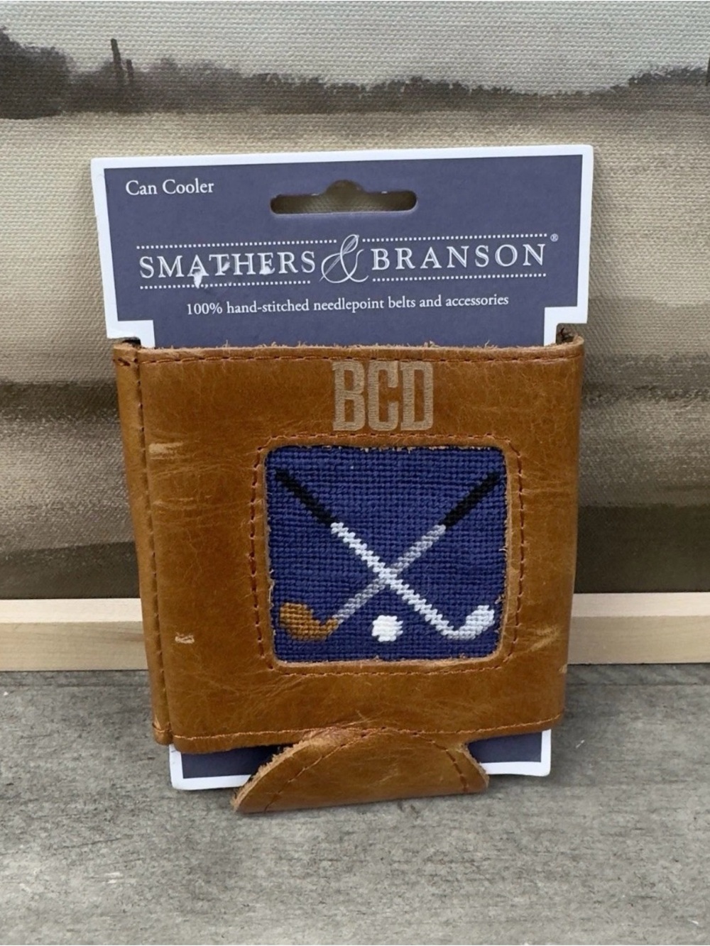 Mark & Graham Smathers & Branson Leather Needlepoint Can Cooler Clubs Scuffs